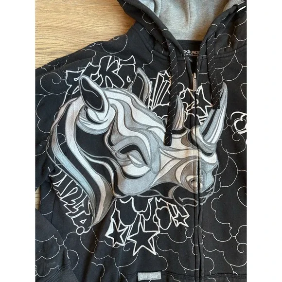 Vintage Y2K Ecko UNLTD Full Zip Hoodie Size L Embroidered Rhino Cybergoth Rare - Picture 2 of 14
